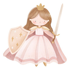 Watercolor Princess Warrior with Sword, Shield and Sparkling Pink Fantasy Dress Illustration © ThemeRage