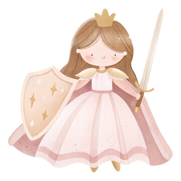 Watercolor Princess Warrior with Sword, Shield and Sparkling Pink Fantasy Dress Illustration