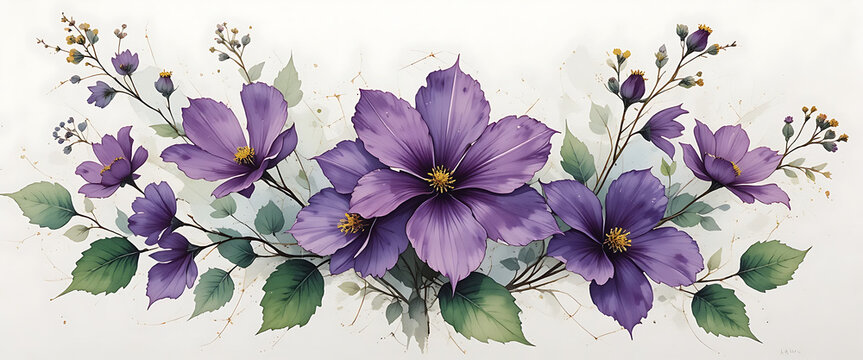 abstract water color brash painting minimalist purple and royal blue transparent flowers with branches with green Patels, golden line patels edge, clean, illustrated vector style, in a white backgroun