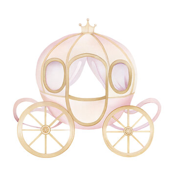 Fairytale Pink Princess Carriage Watercolor Clipart for Magical Royal Themes