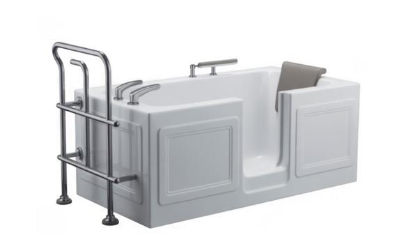 White walk in bathtub with chrome grab bars and grey headrest isolated on a transparent background