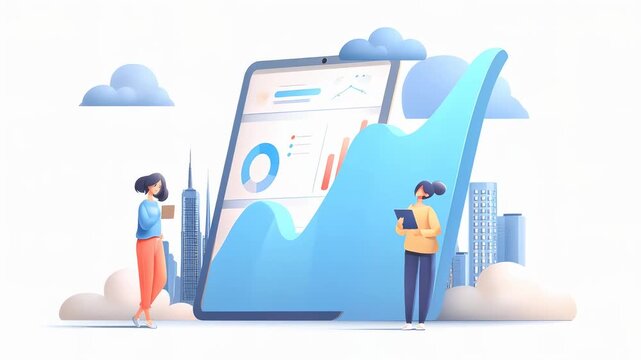 A modern illustration showcasing two people analyzing data on a giant tablet with graphs and charts set against a city skyline.