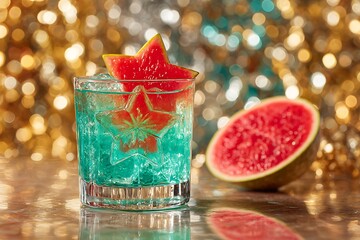 Vibrant turquoise holiday cocktail with a watermelon star garnish against golden bokeh, symbolizing festive party drinks, modern celebration, and Christmas fun.