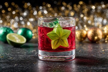 Vibrant red Christmas cocktail garnished with a star fruit slice and ice, set against gold and green festive bokeh, symbolizing holiday cheer and unique celebration drinks.