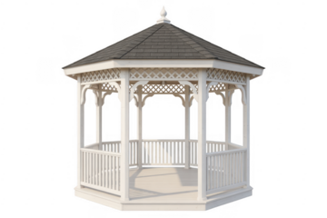 White wooden octagonal gazebo with grey shingle roof isolated on a transparent background