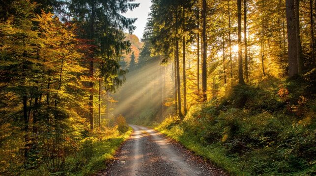 Golden sun rays pierce dense autumn forest trees creating beautiful light beams on winding dirt road