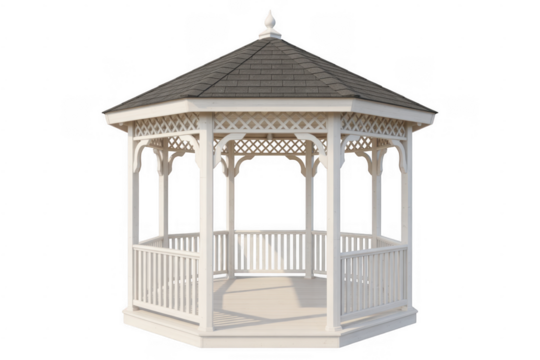 White wooden octagonal gazebo with grey shingle roof isolated on a transparent background