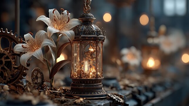 Beautiful steampunk lamp surrounded by flowers and gears high resolution picture