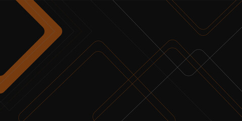 Black abstract wide horizontal banner with orange and gray lines, arrows and angles. Dark modern sporty bright futuristic abstract background. Wide vector illustration EPS10.