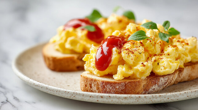 Delicious scrambled eggs on toast with ketchup and oregano garnish, a tasty and quick breakfast idea