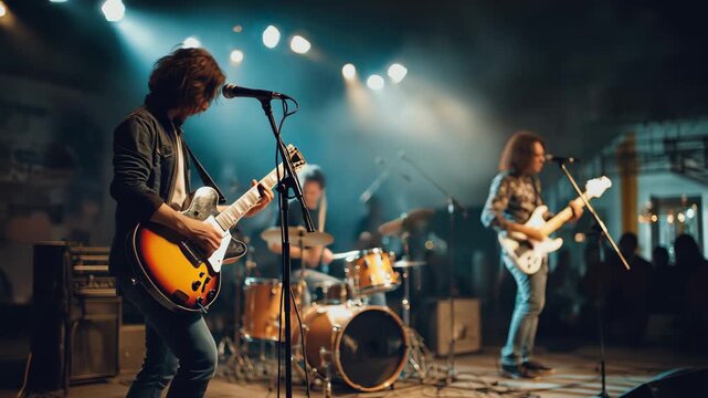 Energetic music band performs on stage during a lively concert with guitarists showcasing their talent and excitement in front of an enthusiastic audience