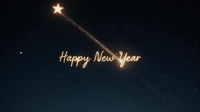 Happy New Year Celebration with Sparkling Star and Golden Text.