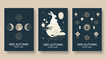 Mid Autumn Festival Posters with Moon Phases and Rabbit