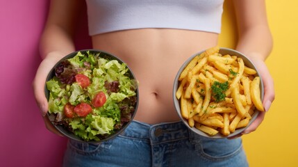 Balancing Healthy Salad With Indulgent Fries to Illustrate Diet Choices and Lifestyle Decisions