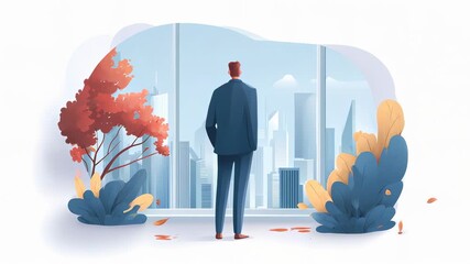 A businessman stands in front of a large window overlooking a cityscape, surrounded by colorful foliage.