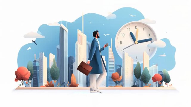 A businessman walking in a modern city with a large clock and skyscrapers in the background.