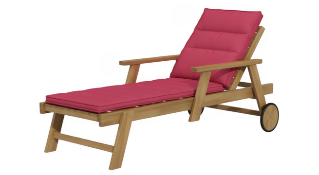Wooden chaise lounge with pink cushion and wheels isolated on a transparent background