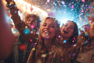 Joyful friends celebrating under a shower of bright confetti and warm lights, symbolizing New Year's excitement, festive cheer, youth culture, and spontaneous holiday fun.