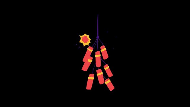 Energetic animated firecrackers exploding with vibrant color on black backdrop, celebrating Chinese New Year festivities with a dynamic and festive display of light and sound