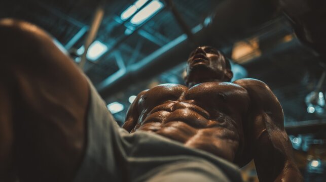 Intense Workout Demonstrating Belly Compression During Hanging Leg Raises in Bright Gym Lighting - Powered by Adobe