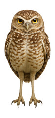 Burrowing owl with long legs and spotted brown and white feathers.