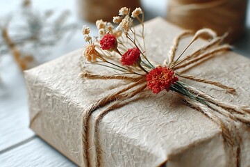 Close-up of a gift wrapped in textured kraft paper and tied with twine, adorned with dried flowers, symbolizing sustainable wrapping, natural crafts, and rustic aesthetic.
