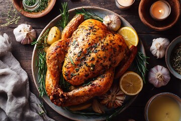 Overhead shot of a golden roasted chicken/turkey garnished with herbs and lemon, symbolizing Christmas feast, home cooking, holiday abundance, and traditional dinner.