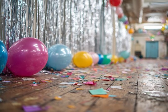 Discarded balloons and colorful confetti covering a wooden floor after a party, symbolizing celebration aftermath, single-use waste, cleanup, and environmental impact.
