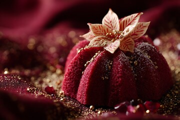 Velvet-textured red mini-cake topped with a delicate flower and gold sprinkles, symbolizing luxurious holiday confectionery, Christmas elegance, and rich dessert indulgence.