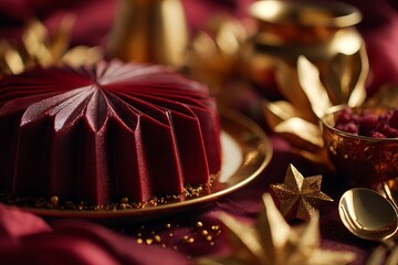 Luxurious ruby red pleated dessert on a gold plate with festive stars, symbolizing Christmas elegance, royal indulgence, rich holiday confectionery, and gourmet dining.