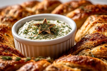 Close-up of a festive savory pastry wreath surrounding a creamy herb dip topped with a star garnish, symbolizing holiday entertaining, gourmet appetizers, and seasonal baking.