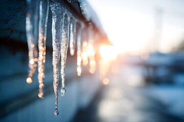 Sharp icicles hanging from a roof gutter, backlit by bright sun flare, symbolizing winter beauty, freezing hazard, melting danger, and cold weather risk.