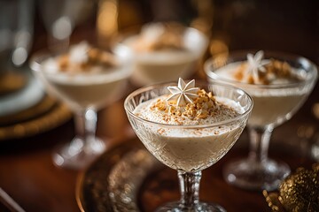 Elegant eggnog mousse dessert in crystal glasses, garnished with a star and spices, symbolizing rich Christmas indulgence, festive fine dining, and holiday sweetness.