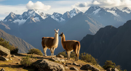 Fototapeta premium Two llamas on a high mountain ridge overlooking snowy peaks