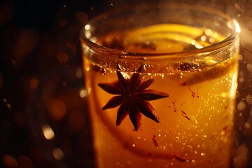 Macro close-up of a warm winter cocktail garnished with star anise and lemon slice, symbolizing cozy holiday comfort, festive seasonal drinks, and spiced cheer.