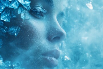 Surreal conceptual close-up of a woman's face emerging from fog and ice crystals, symbolizing extreme cold, winter beauty, purity, and frozen vulnerability.