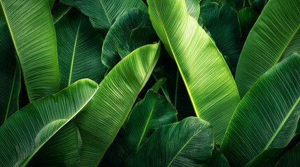 Obraz premium Overhead shot showcasing vibrant green banana leaves, creating a lush and tropical natural background texture