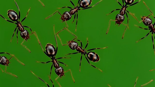 Set of black ants crawling and marching in different directions, isolated on a green screen.