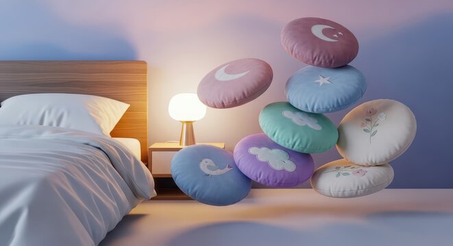 Stack of colorful decorative cushions with whimsical motifs hovers near a modern bedside setup