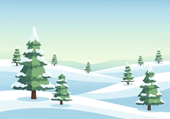 A serene winter landscape illustration with snow-covered hills and scattered evergreen trees topped with snow.
