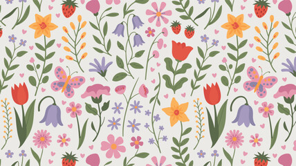 Seamless Pattern of Spring Flowers, Butterflies, and Strawberries