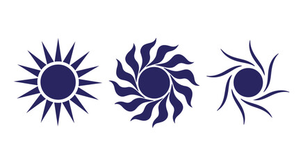 Abstract blue sun symbols vector set with diverse rays: sharp, wavy, and swirling design variations.
