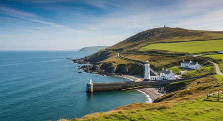 Idyllic coastal village with a charming lighthouse by the blue sea and lush green cliffs on a sunny day