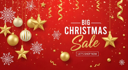 Naklejka premium Big Christmas Sale Banner with Gold Stars Ornaments Snowflakes and Confetti on Red Background Vector Illustration