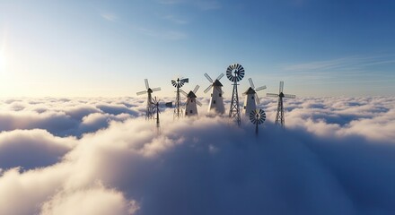 Multiple traditional windmills emerge from a thick layer of bright white clouds under a clear blue sky during sunrise or sunset