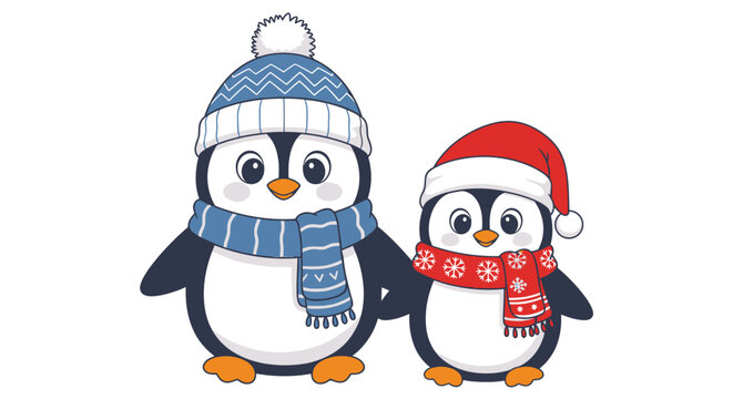 Two cute penguin with a hat and scarf, Christmas EPS