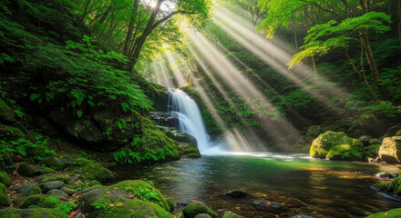 Sunlit waterfall in a lush green forest
