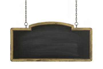 Arched wooden framed blackboard hanging by chains isolated on a transparent background