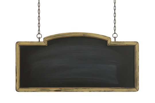 Arched wooden framed blackboard hanging by chains isolated on a transparent background