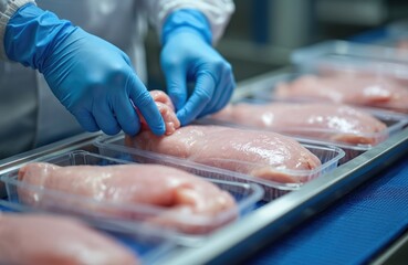 Gloves clad hands place raw turkey breast fillets into plastic trays on conveyor belt. Meat prepared for packaging, distribution at industrial food processing plant. Fresh protein ready for sale.
